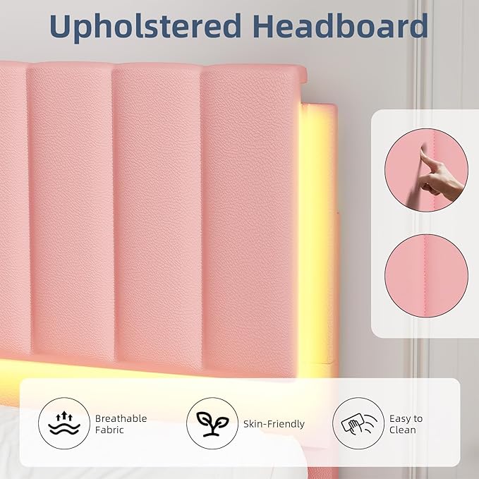 Queen Bed Frame with Headboard and LED Lights, Modern Upholstered Faux Leather Platform Bed with Wooden Slats Support, No Box Spring Needed, Easy Assembly, Pink