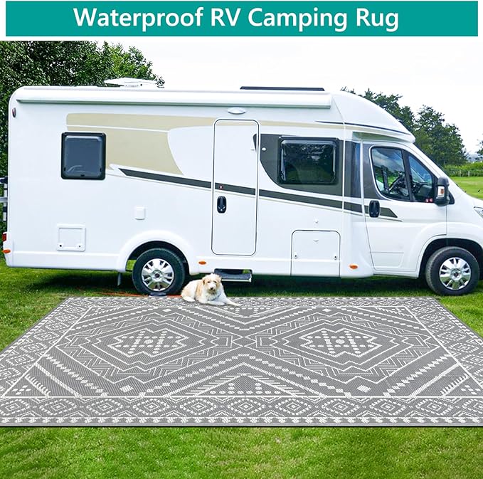 Waterproof Outdoor Rug 8x10 ft, Reversible Plastic Straw Mat, Large Floor Mat for Patio, Camping, Picnic, Backyard RV, Deck, Grey