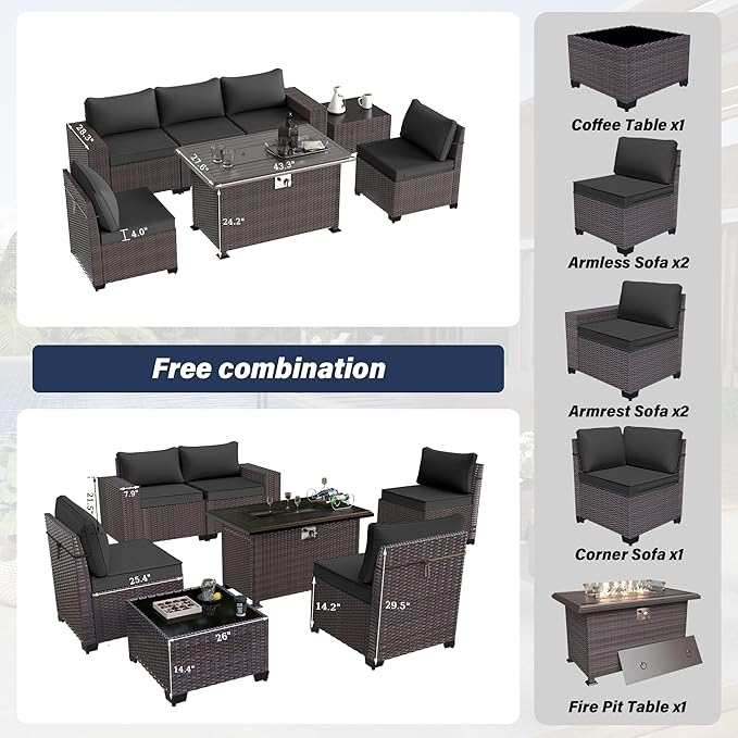Kurapika 7 Pieces Patio Furniture Set, Rattan Outdoor Conversation Sets w/43in Propane Fire Pit Table and 4 Inch Cushion(Black)