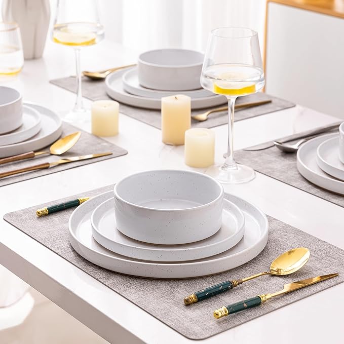 AmorArc Ceramic Dinnerware Set for 8 | Speckled Stoneware Plates and Bowls with Rustic Terracotta Underside| Scratch Resistant,Dishwasher & Microwave Safe Dishes Sets- 24pcs White