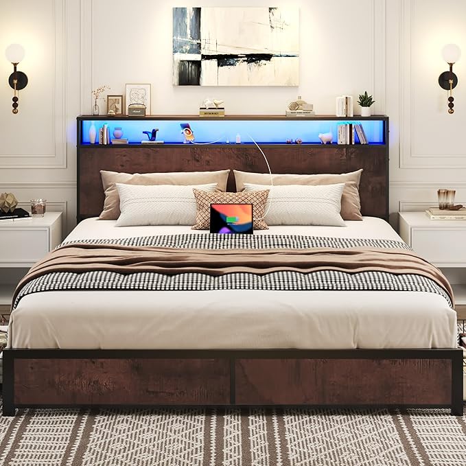 Lifezone King Bed Frame with 2-Tier Storage Headboard, Metal Platform Bed Frame with 4 Storage Drawers, Built in Charging Station & LED, Noise-Free/Metal Support/No Box Spring Needed, Coffee Brown