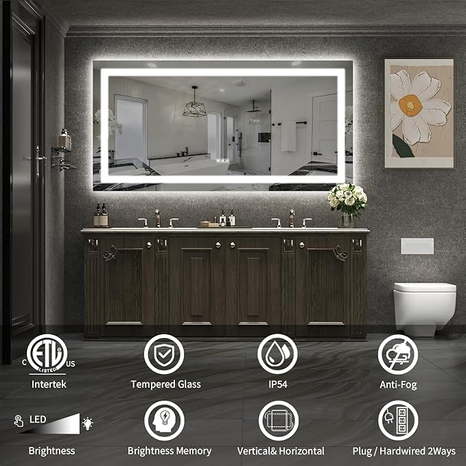 LED Mirror for Bathroom, 60x30 Inch Backlit + Front Lighted Bathroom Vanity Mirror with Lights for Wall, Double Light Strips, 3 Colors, Shatter-Proof, Anti-Fog and Brightness Memory
