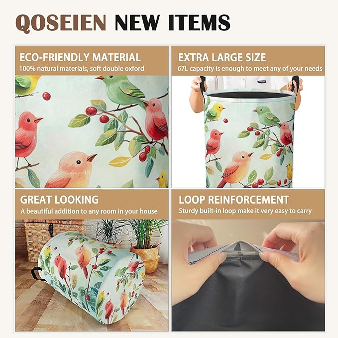 Colorful Bird Green Leaves Collapsible Laundry Baskets,Laundry Hamper,Storage Basket with Handles for Bathroom Bedroom College Dormitory Living Room Nursery Organizer 16"x20"