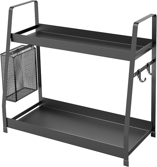 OROPY 2 Tier Spice Rack for Countertop, Metal Standing Kitchen Storage Organizer Shelf, Counter Shelf for Cabinet,Pantry,Bathroom,Bedroom, with Hanging Basket