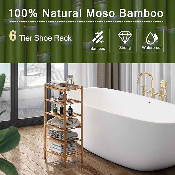 6-Tier Small Shoe Rack for Entryway, Stackable | Heavy Duty | Multi-Function, Bamboo Free Standing Shoe Racks for Bedroom Hallway Closet