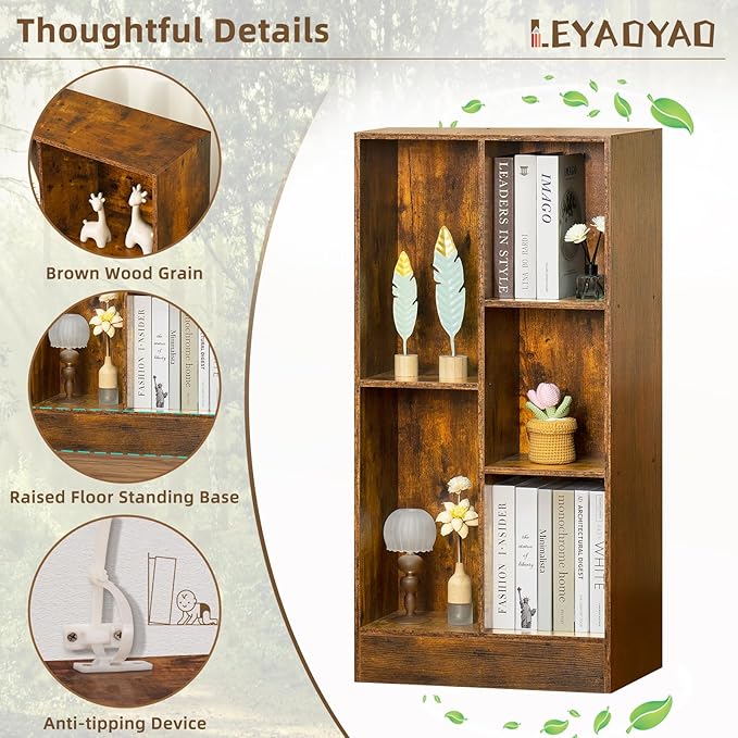 LEYAOYAO 5 Cube Mid-Century Modern Brown Wood Bookcase, 3 Tier Storage Organizer Shelf, Rustic Display Cabinet for Bedroom, Living Room, Office