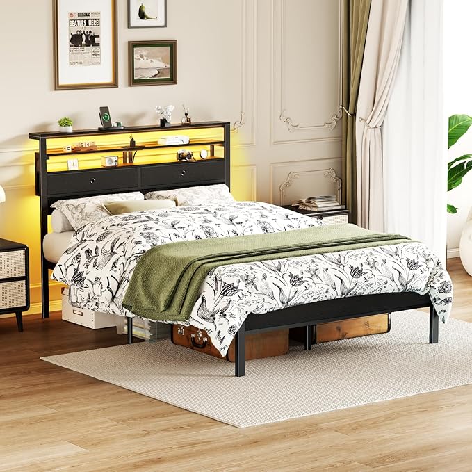 Furnulem Full Size Bed Frame with Headboard & 2 Fabric Drawers, Full Platform Bed Featuring LED Lights, Built-in Charging Station & Storage Shelves, Metal Slats, No Box Spring Needed – Black Oak