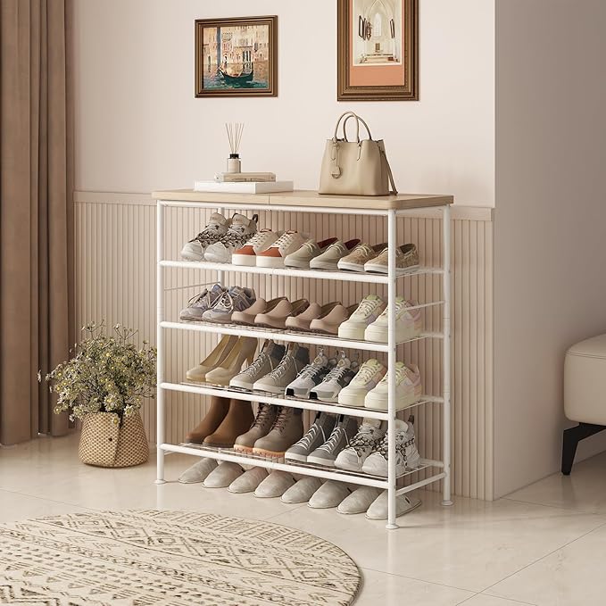 Shoe Rack Organizer 5 Tier for Closet Entryway Free Standing Metal Storage Shoe Shelf with MDF Top Board，White+Oak