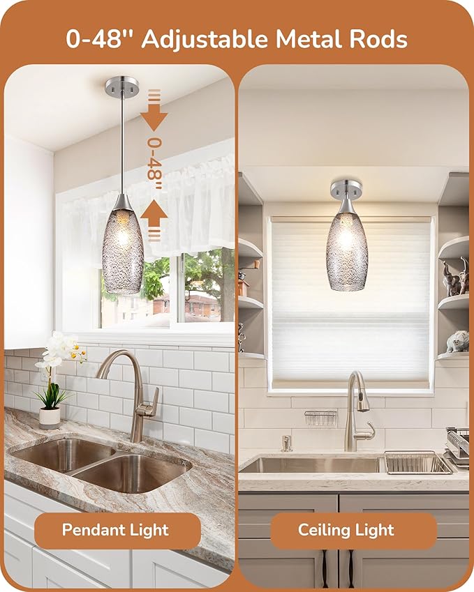 EDISHINE Pendant Light Fixture, Handcrafted Art Glass Hanging Light, Hardwired Ceiling Light with Grey Seed Glass Shade, Adjustable Brushed Nickel Rods, E26 Base, Pendant Lamp for Kitchen Bathroom Bar