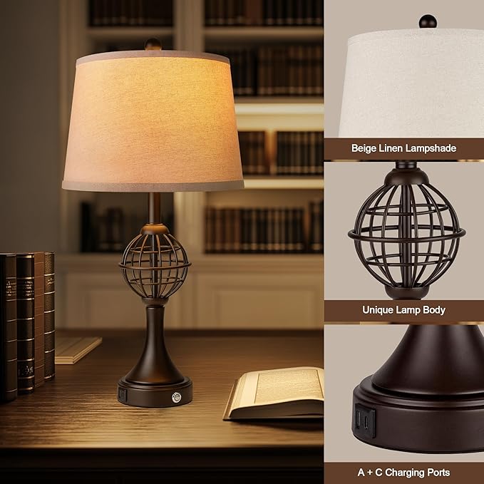 Table Lamps for Living Room Set of 2, Farmhouse Touch Lamps for Nightstand with USB A+C, 26.5" Rustic Bedside Lamp for Bedroom End Tables
