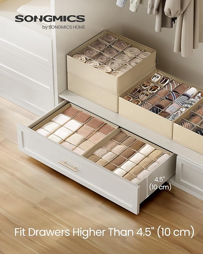 SONGMICS Set of 4 Underwear Organizers, Drawer Organizers, Dresser Closet Storage, 80 Cells (2x16+2x24), Foldable Dividers, 11.8 x 11.8 x 3.9 Inches, for Socks, Ties, Belts, Summer Sand URUS011K01