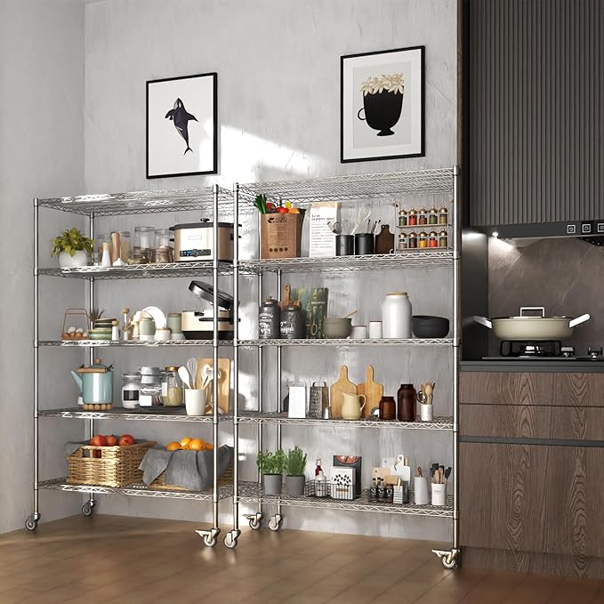 5 Tier Metal Shelving Unit with Wheels, 72" H x 48”W x 24”D Industrial Storage Shelves 1500 LBS Load Capacity, Steel Wire Storage Shelving for Garage, Kitchen, Pantry, Living Room