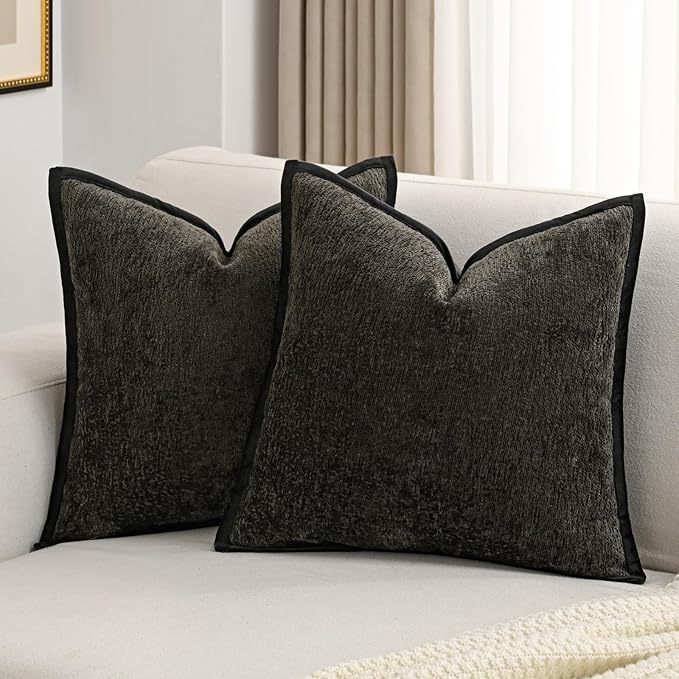 FUTEI Black Chenille Throw Pillow Covers 18x18 Inch Set of 2,Soft Cozy Bound Edge Design Cushion Case,Home Decor for Couch Bed Living Room