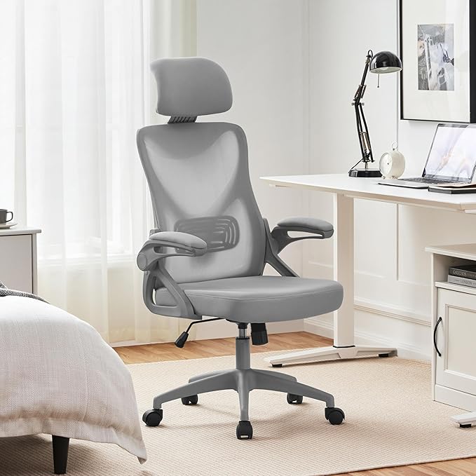 Yaheetech Ergonomic Mesh Office Chair, High Back Desk Chair with with flip-up Armrests, Adjustable Padded Headrest Computer Chair with Lumbar Support for Home Oiffce Game Room, Full Gray