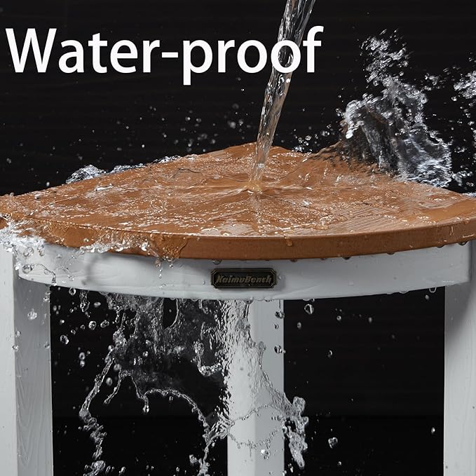 HDPS Corner Shower Stool for Shaving Leg, Waterproof Shower Bench Seat for Inside Shower, Poly Lumber Plastic Bath Shower Chair Seat, White+Brown, Weight Capacity 500LBS