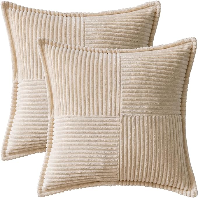 MIULEE Decorative Euro Sham Throw Pillow Covers for Couch Bed Livingroom 24x24 Inch Set of 2 Beige Boho Accent Throw Pllows Broadside Striped Patchwork Soft Corduroy Pillowcases