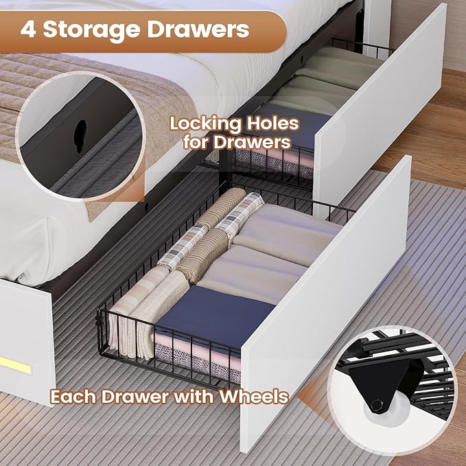 AOGLLATI Full Bed Frame with Stylish Bookcase Headboard & Charging Station & LED Lights,Full Size Bed Frame with 4 Storage Drawers, Metal Slats, No Box Spring Needed,White