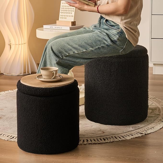 Round Ottoman with Storage Set of 2-Upholstered Sherpa Vanity Stool for MakeupMultifunctional Ottomans Coffee Table Padded Seat Foot Rest for LivingRoom&Bedroom(Sherpa, Black)