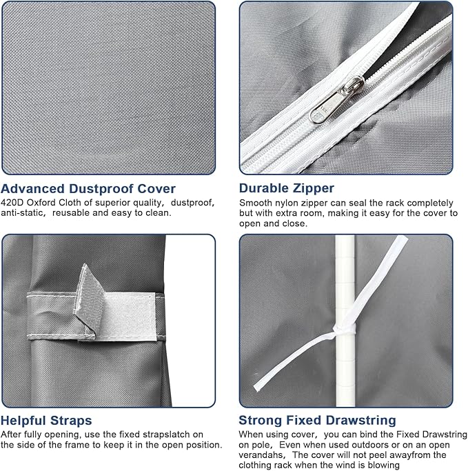 P8C Heavy Duty Clothes Rack（With Extended Width Design） Rolling Clothing Racks for Hanging Clothes with Lockable Wheels，51.2" W x 15.8" D x 80.5" H，Max Load 700LBS，Black Rack with Grey Cover