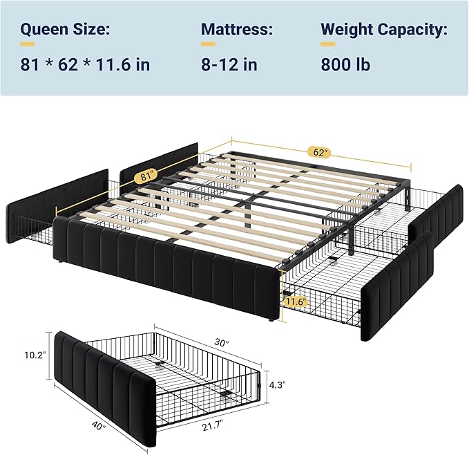 Allewie Queen Size Platform Bed Frame with 4 Large Storage Drawers, Velvet Vertical Channel Tufted Upholstered Bed Base, Wooden Slats Support, Noise-Free, No Box Spring Needed, Easy Assembly, Black