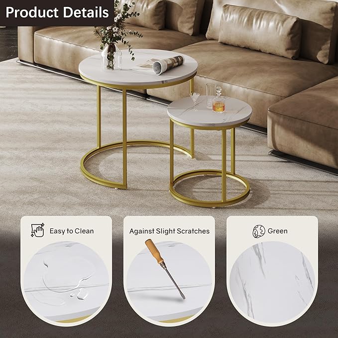 Nesting Tables Set of 2, Round Coffee Table, Small Nesting Coffee Table with Adjustable Non-Slip Fee, White Marble Top Stack Nesting Tables Set of 2 for Living Room, Bedroom (White)