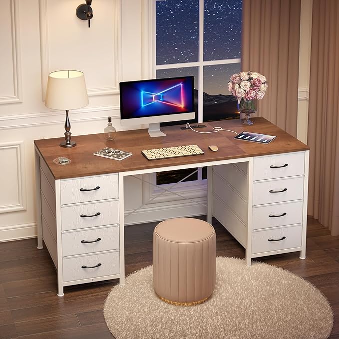 50 Inch Computer Desk with 8 Drawers, Home Office Desk with Power Outlets, Work Study Gaming Desk with 8 Fabric Drawers, Brown and White