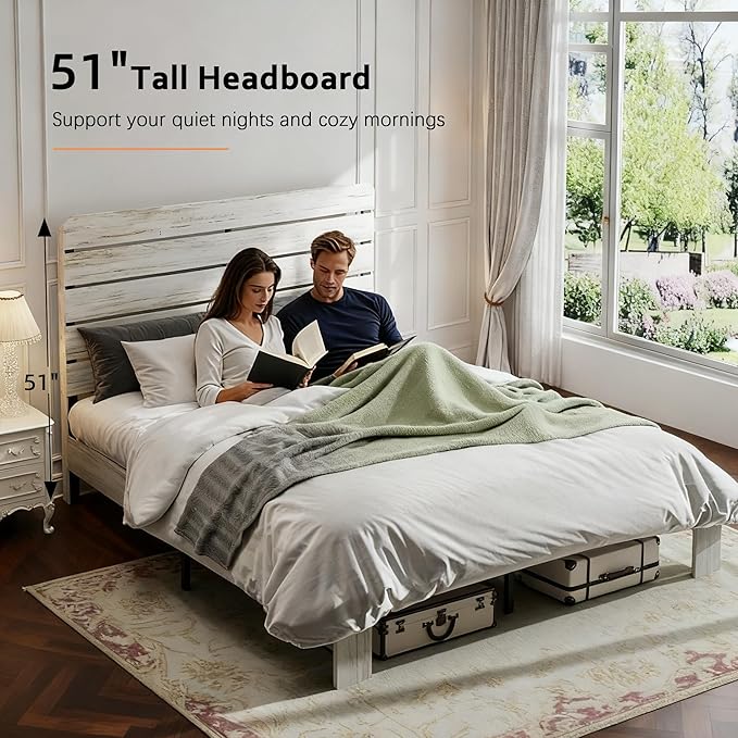 Rustic White King Size Wooden Bed Frame with Farmhouse Headboard, Solid Wood Platform Bed with Wood Slats, Noise-Free Structure, No Box Spring Needed