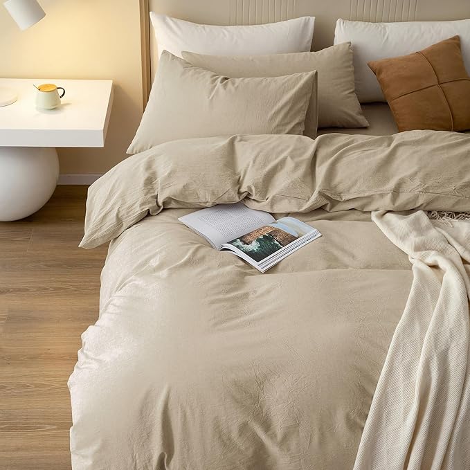 JIYUAN 100% Washed Cotton Duvet Cover Set 3 Pieces Oversized King, 1 Duvet Cover 120x98 Inches(Comforter Not Included) and 2 Pillowcases,Linen Feel Bedding Set Comfy and Breathable, Heathered Tan