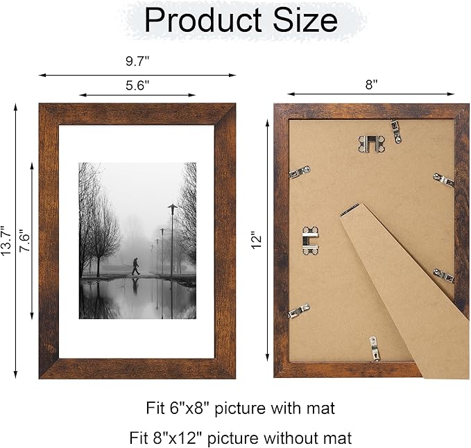 8x12 Picture Frame Set of 4 with High Definition Real Glass, Display 6x8 Pictures with Mat or 8 x 12 Without Mat, Rustic Photo Frames for Tabletop and Wall Mounting