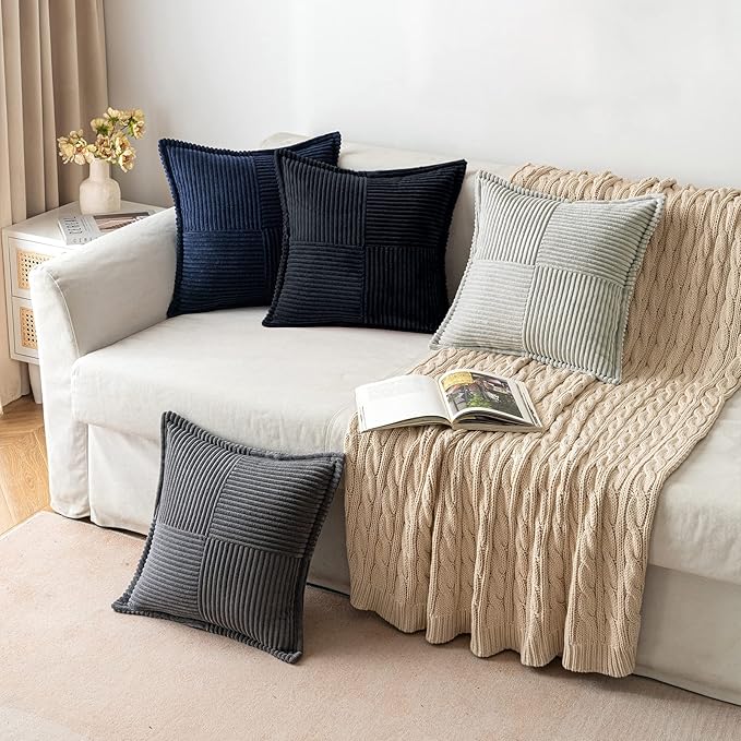 MIULEE Decorative Throw Pillow Covers for Couch Bed Livingroom 16x16 Inch Set of 2 Black Boho Accent Throw Pllows Broadside Striped Patchwork Soft Corduroy Pillowcases