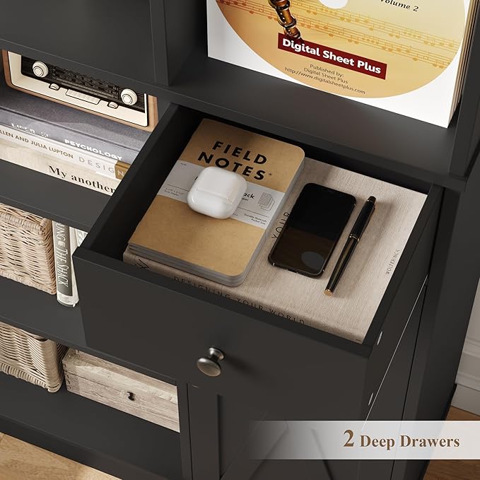 HOSTACK 74" Tall Book Shelf and Bookcase, 45" Wide Bookcase with Doors and Drawers, Modern 6 Tier Bookshelf with Storage, Large Wood Display Cabinet with Adjustable Shelves for Home Office, Black