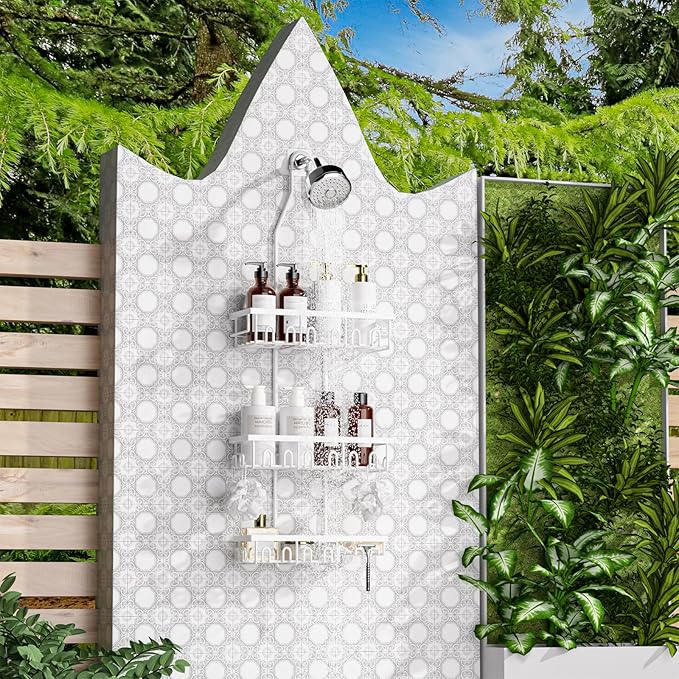 Shower Caddy,Rustproof Shower Shelves Over Shower Head,Extended Length shower rack with Soap HoSlder,White