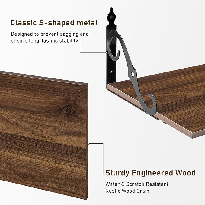 Deep Floating Shelves, 24" W x 12" D Wall Shelves Set of 2, Wide Display Shelf Wall Mounted with Brackets, Bookshelf for Living Room, Bathroom, Bedroom, Walnut