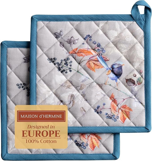 Maison d' Hermine Pot Holders Set 100% Cotton Heat Resistant Potholders 8" x 8" Hot Pads with Loop for Thanksgiving Christmas Decorations BBQ Baking Handling Hot Pans (Pack of 2, Equinoxe - Grey)