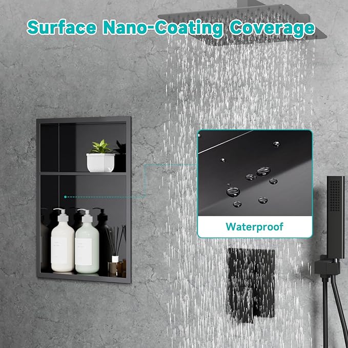 12" x 18" Stainless Steel Shower Niche – Recessed 2-Tier Shower Shelf, 12"x12" Upper & 12"x6" Lower Storage, Modern Bathroom Wall Niche (Black)