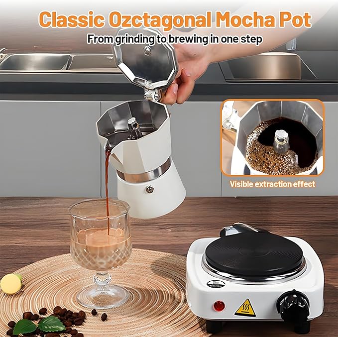 2-in-1 Aluminum Moka Pot Set with Electric Stove Classic Stovetop Espresso Coffee Maker 150ml 5oz Mocha Express Portable Camping Travel Preferred Cafe Makers Italian Cuban Café Brewing 3 Cup