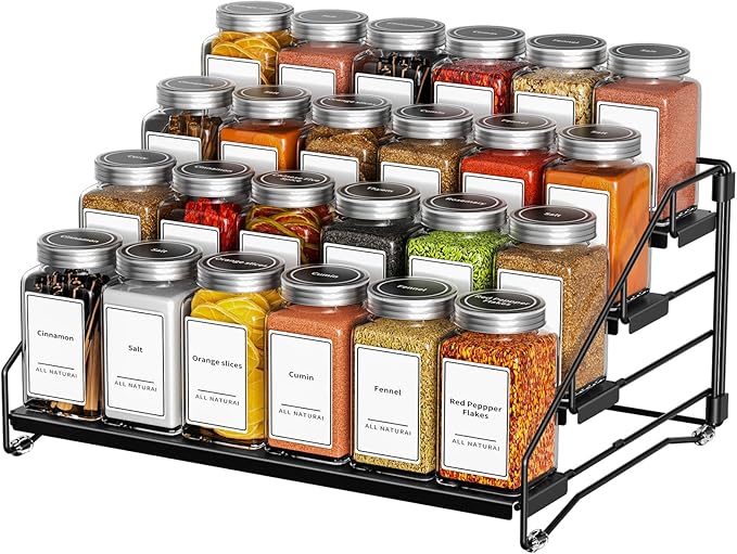 4 Tier Spice Rack for Cabinet, Spice Rack Organizer, Depth Adjustable Spice Holder for Countertop, Cupboard, Pantry, Seasoning Shelf, Metal, Black (1 Pack)