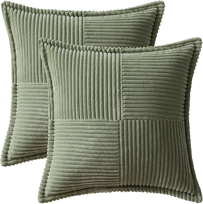 MIULEE Decorative Throw Pillow Covers for Couch Bed Livingroom 16x16 Inch Set of 2 Light Olive Green Boho Accent Throw Pllows Broadside Striped Patchwork Soft Corduroy Summer Pillowcases