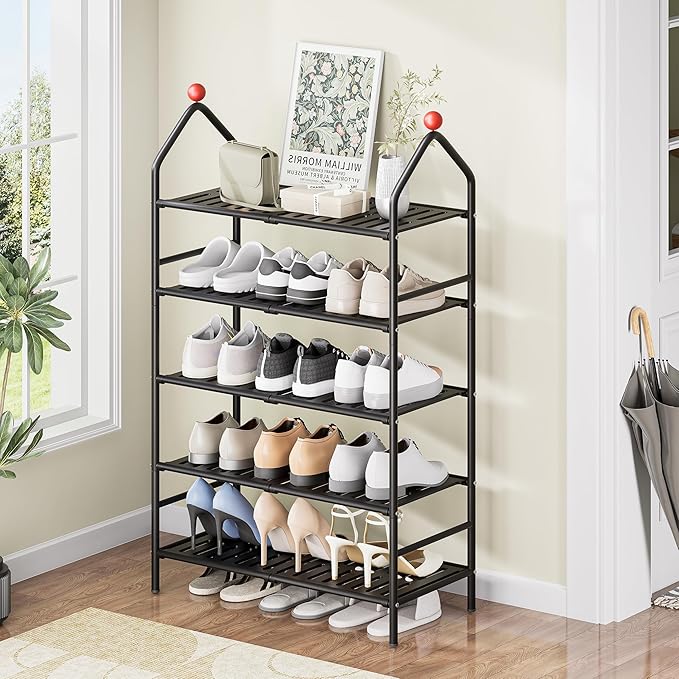 Shoe Rack, 5-Tier Shoe Organizer, Metal Storage Shelf, Shoe Rack for Closet, Free Standing Shoe Racks for Entryway, Garage & Doorway, Sturdy Shoe Shelves, Black