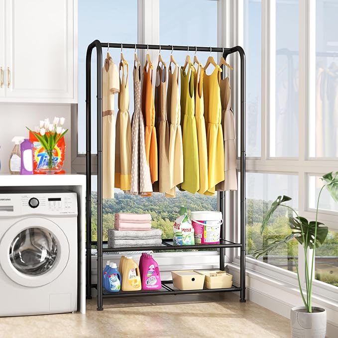 SINGAYE Coat Clothes Storage Organizer Garmen Rack Portable Closet Clothing Racks for Hanging Clothes Heavy Duty Freestanding Wardrobe Laundry with Shelves Black 11.5" D x 32" W x 72" H