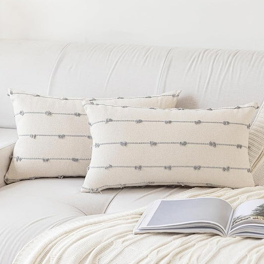 Boho Throw Pillow Covers 12x20 Set of 2 Modern Farmhouse Decorative Cushion Case Tufted Linen Square Pillows Cover Neutral Pillow Cases Accent Pillowcase for Sofa,Couch,Bed,Beige and Grey