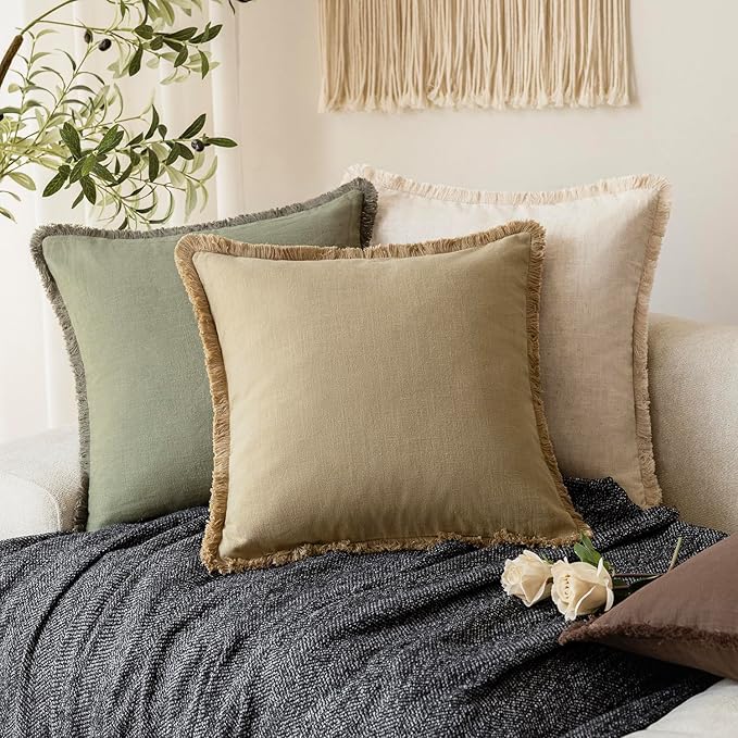 Foindtower Set of 2 Decorative Linen Fringe Lumbar Throw Pillow Covers Farmhouse Cushion Cover with Tassels Accent Pillowcase for Couch Sofa Bed Living Room Home Decor,12×20 Inch,Light Khaki Taupe