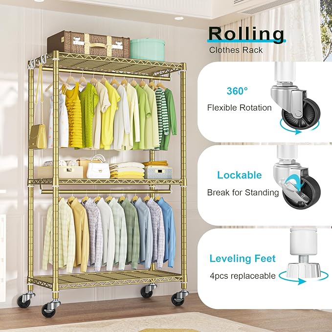 FUTASSI P3 Rolling Clothes Rack, Clothing Racks for Hanging Clothes, Heavy Duty Garment Rack with Wheels, Freestanding Portable Closet Organizer 39.4'' W x 14'' D x 78.5'' H, Max Load 464 LBS, Gold