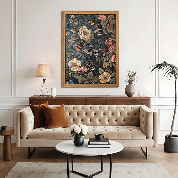 Framed 3D Textured Vintage Wall Art - Dark Academia Bumble Bee Hand Drawn Sandstone Paintings with Botanical Florals, Aesthetic Wall Decor for Living Room Bedroom Home 24x36 inch