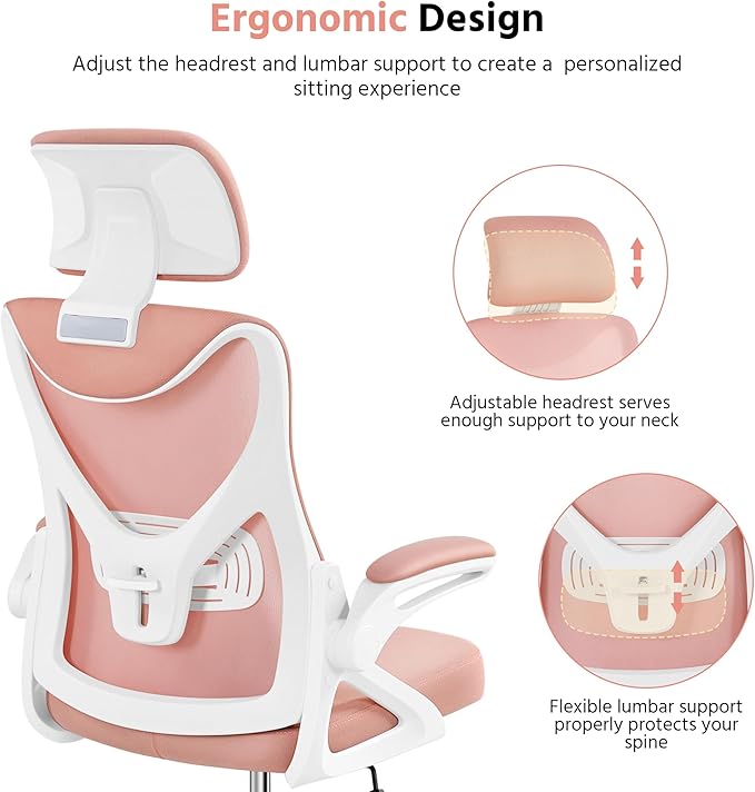 Yaheetech Ergonomic Office Chair, High Back Mesh Desk Chair with flip-up Armrests, Adjustable Headrest Computer Chair with Lumbar Support for Home Oiffce Gaming Room, White/Pink