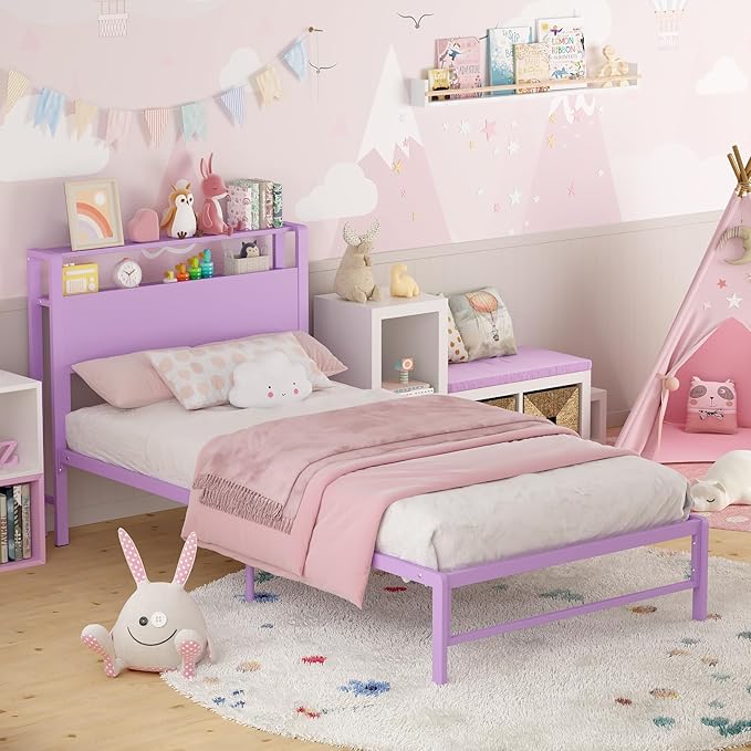 Weehom Twin Bed Frames for Kids with 2 Tiers Wood Storage Shelves Headboard, Twin Size Bed No Box Spring Needed Under Bed Storage Space Metal Platform for Girls and Adults, Purple