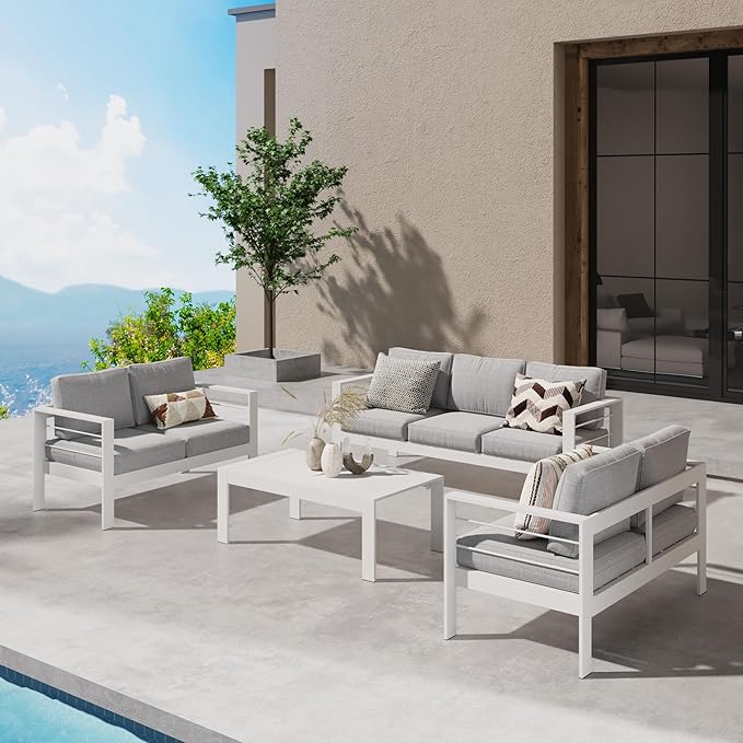 Wisteria Lane Aluminum Outdoor Patio Furniture Set, Modern Patio Conversation Sets, Outdoor Sectional Metal Sofa with 5 Inch Cushion and Coffee Table for Balcony, Garden, Light Grey