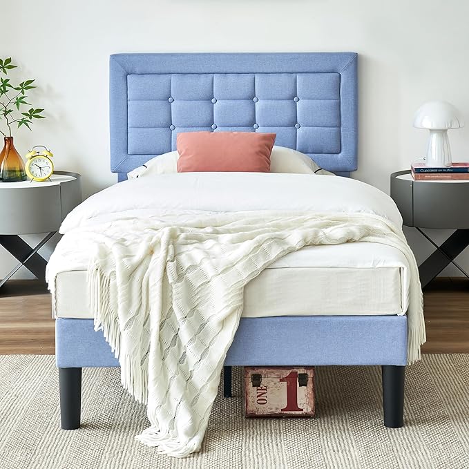 VECELO Twin Size Bed Frame with Adjustable Headboard, Upholstered Button Tufted Platform Bedframe with Wood Slats Support, No Box Spring Needed, Light Blue