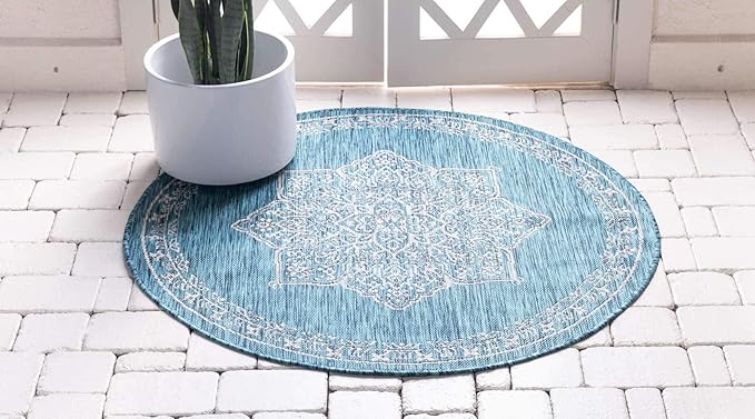 Unique Loom Outdoor Traditional Collection Area Rug - Antique (4' 1" Round, Teal/ Gray)