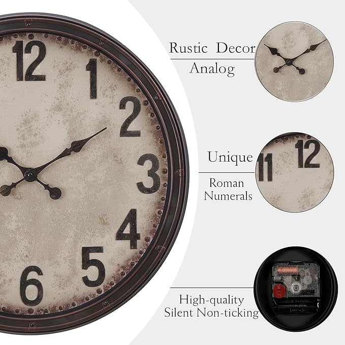 20 Inch Retro Farmhouse Wall Clock, Vintage Silent Non-Ticking, Battery Operated Decorative Clock for Living Room, Kitchen, Bedroom, Office and Home Decor, Dark Brown Arabic Number